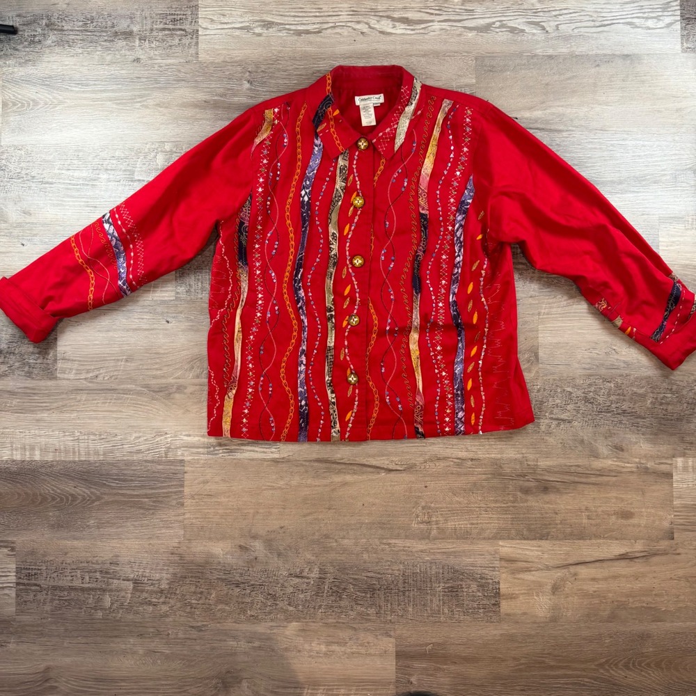 Vintage Coldwater Creek Boho Artsy Red Cotton Embellished Ribbon Jacket XL